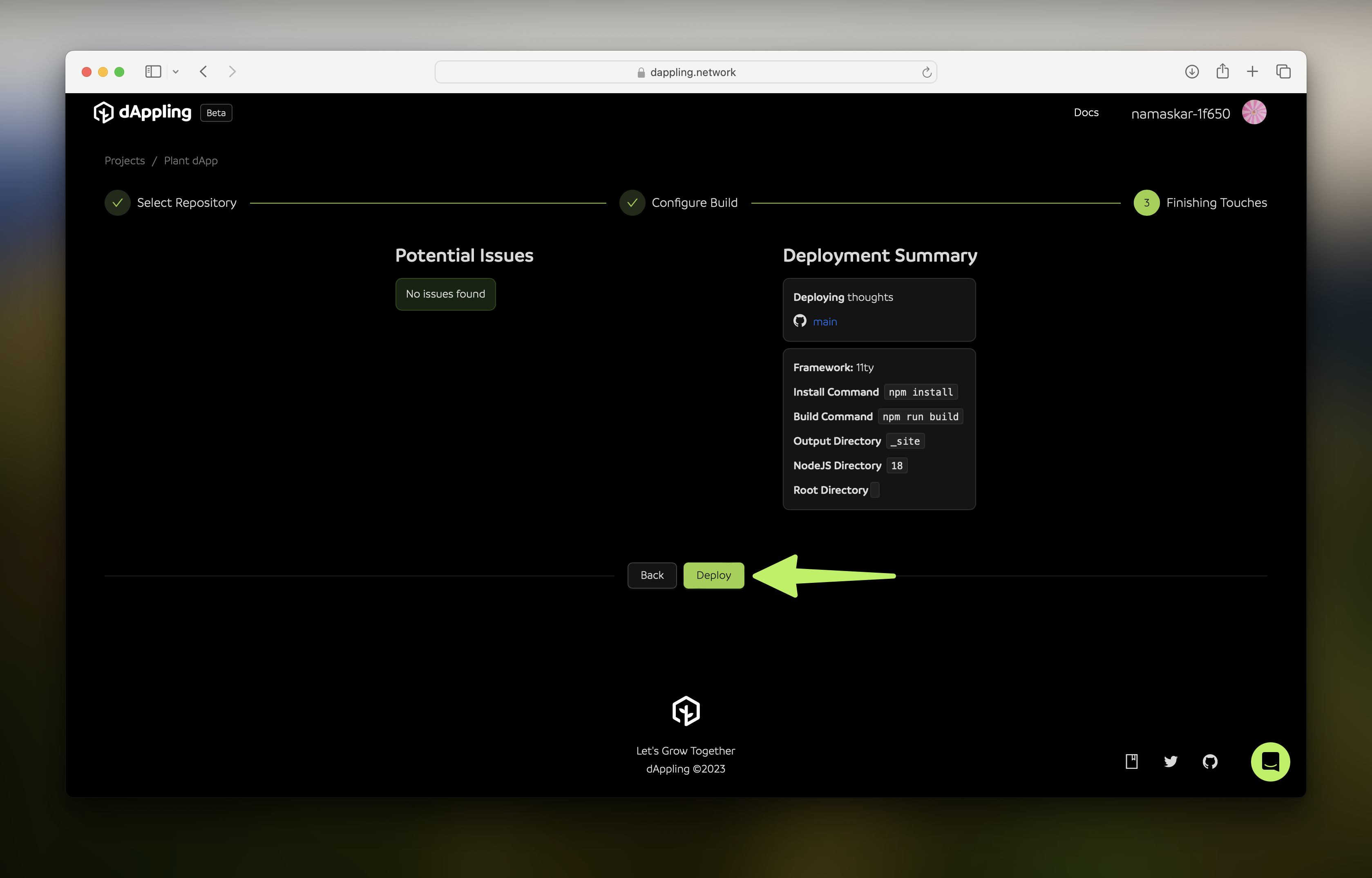 A summary page showing no issues and the configured settings, with a deploy button.