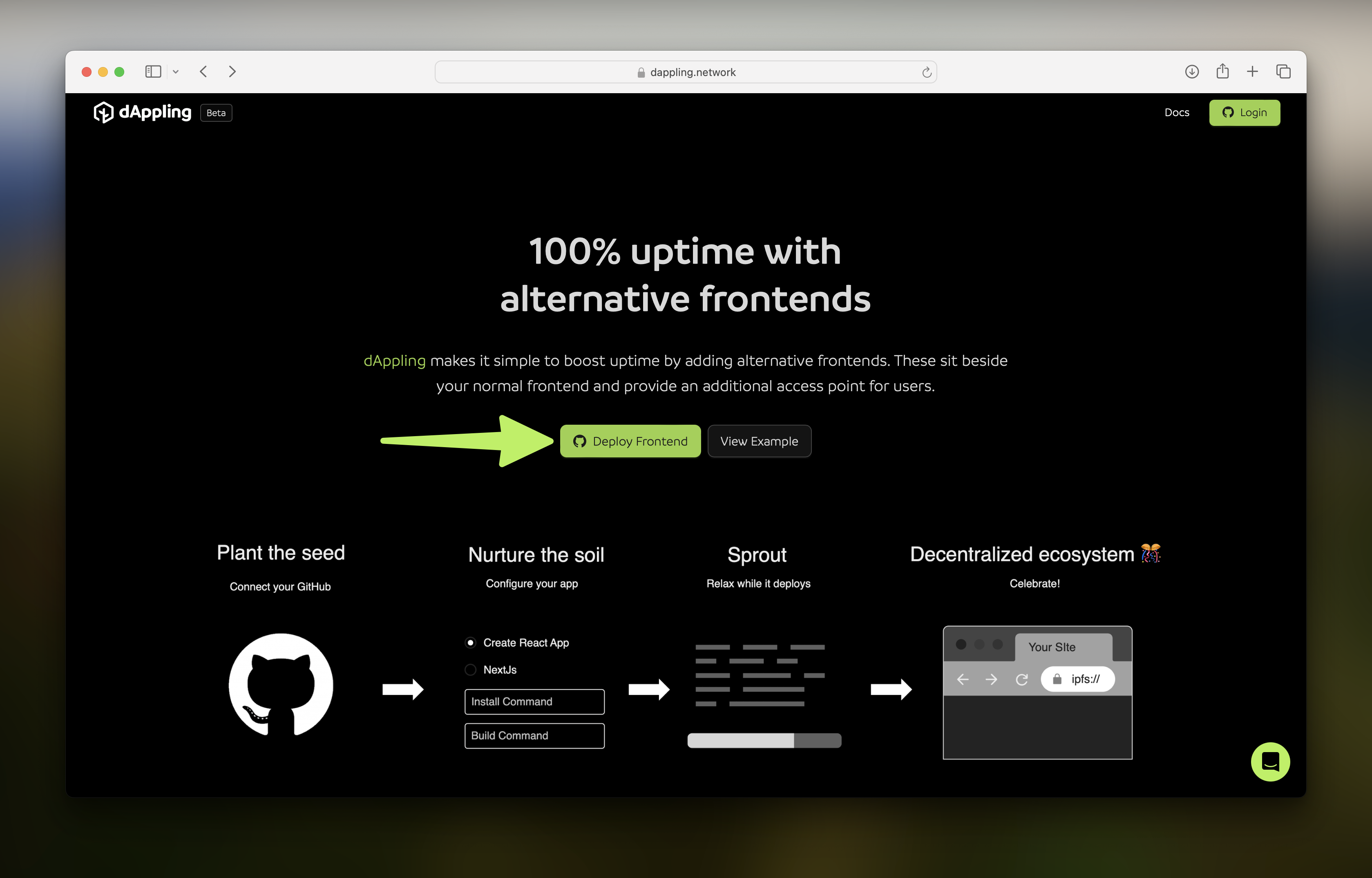 The dAppling landing page shows a hero: "100% uptime with alternative frontends".